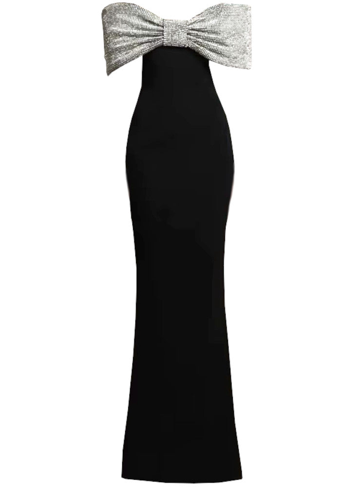 Crystal Bow Bardot Maxi Dress Black