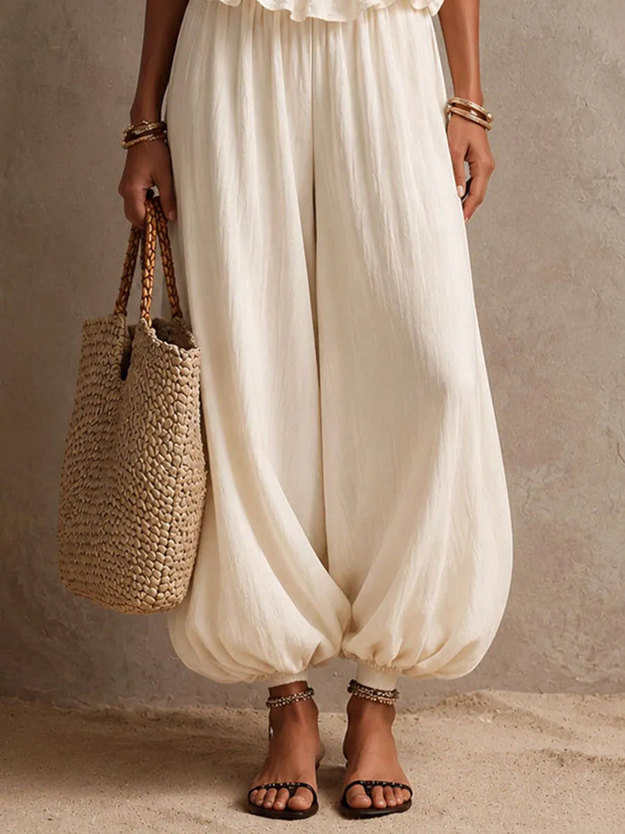Boho Ivory Ruched Peplum Waist Halter Harem Jumpsuit