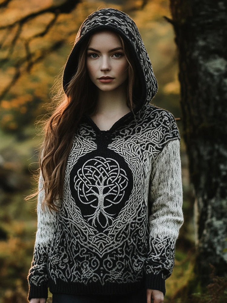 Women's Vintage Celtic Tree Of Life Jacquard Ombre Hooded Sweater