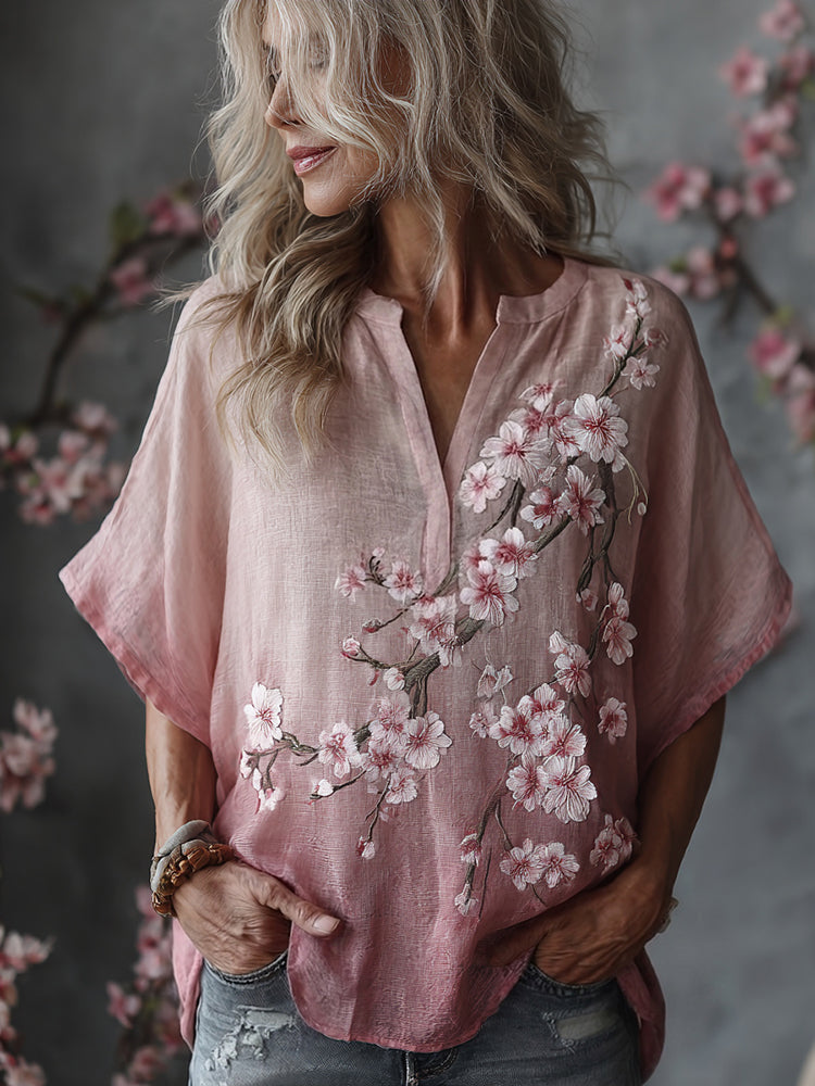 Vintage Sakura Flower Embroidered Short Sleeve Linen Shirt