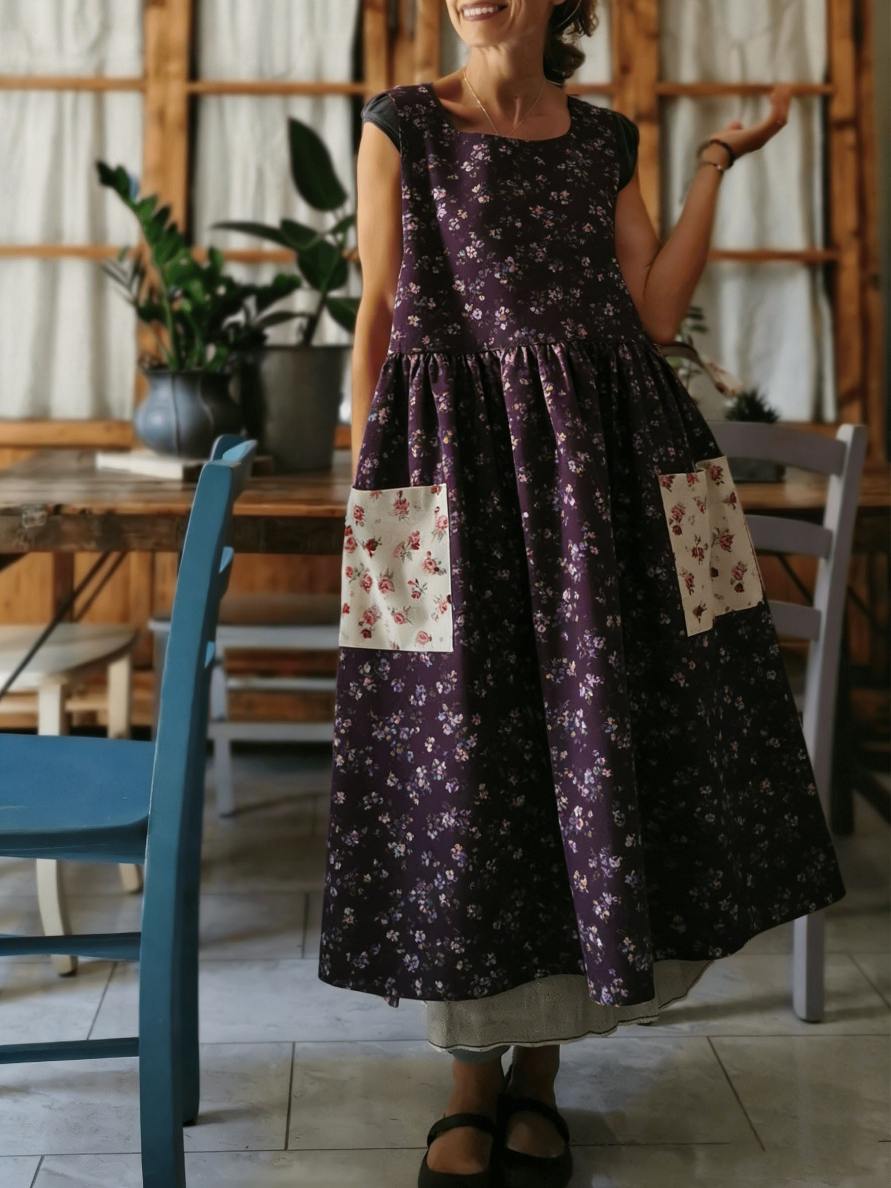 Deep Plum Floral Apron with Patch Pockets