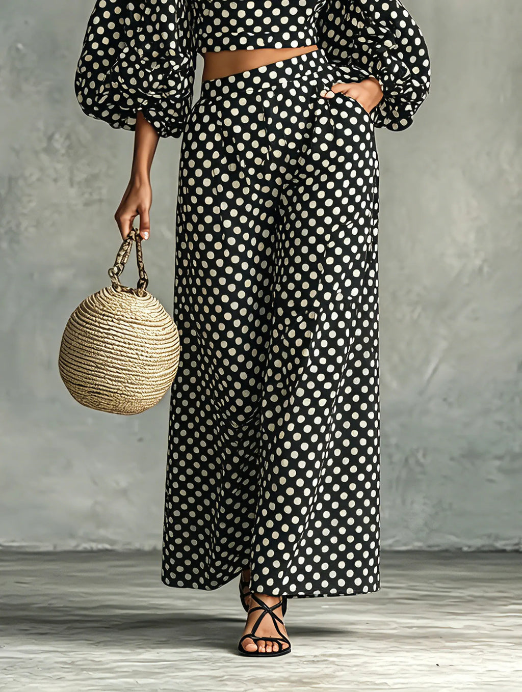 Women's Minimalist Polka-Dot Lantern-Sleeve Blouse And Wide-Leg Pants Set MDZ0967G6WY