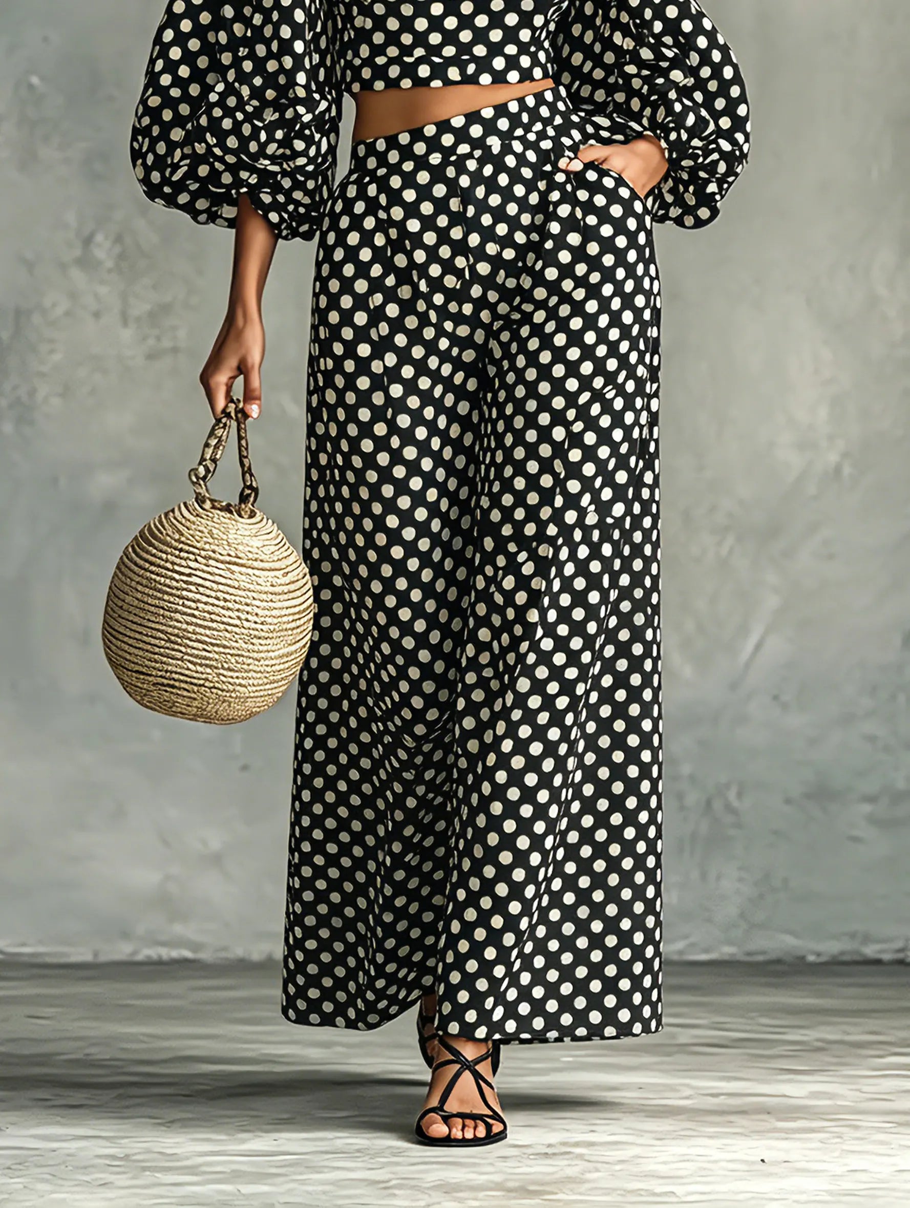 Women's Minimalist Polka-Dot Lantern-Sleeve Blouse And Wide-Leg Pants Set MDZ0967G6WY