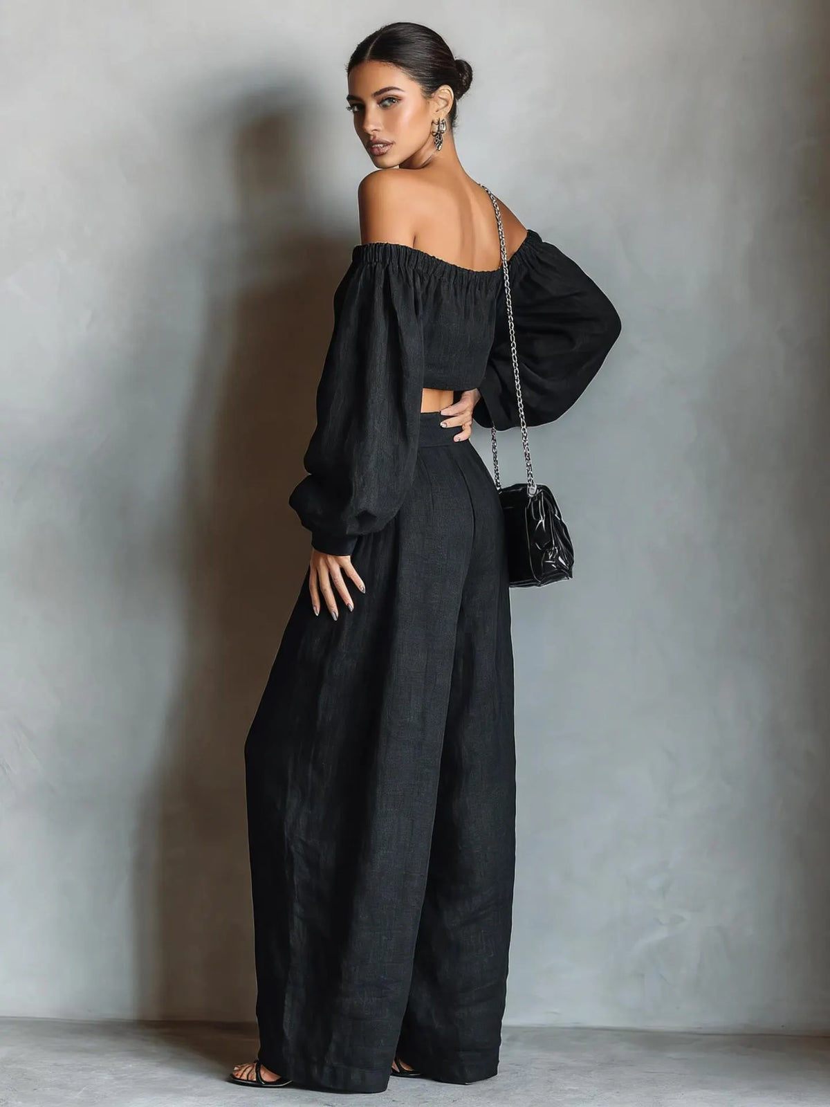 Momocco Elegant Off-Shoulder Puff Sleeve Two-Piece Set - Flowy Wide Leg Pants Resort Wear