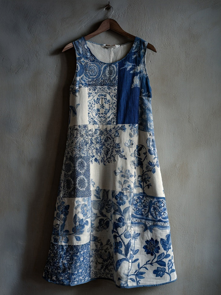 Vintage Floral Art Patchwork Pattern Linen Tank Dress