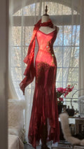 Red Romantic Fashion Elegant Exquisite Lotus Gold Beaded Long Chiffon Fishtail Skirt Mermaid Slim Ball Gown Evening Dress Birthday/Wedding Guest/Holiday Party Dress Prom Dress Valentine's Day Date Dress 4029