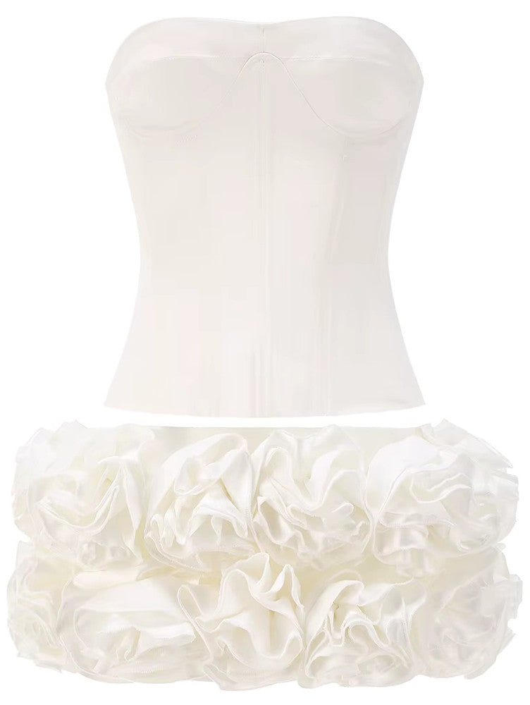 Strapless Corset Floral Ruffle Two Piece Dress White