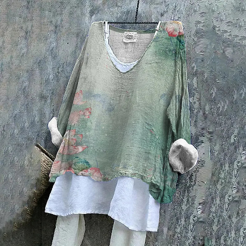 Van Gogh Water Lily Art V-neck Cotton And Linen T-shirt