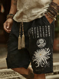 Japanese-style White Chrysanthemum And Calligraphy Art Embroidery Washed Cotton Linen Shorts