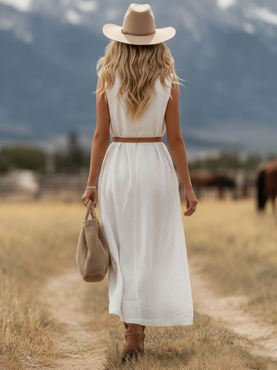 Retro Boho V-neck Double Pocket Sleeveless Midi Dress