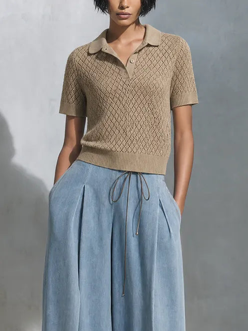 Women's Casual Chic Khaki Open-Knit Polo Sweater And Light Blue Drawstring Wide-Leg Denim Pants Two-Piece Set MDZ1521G5ZSQ