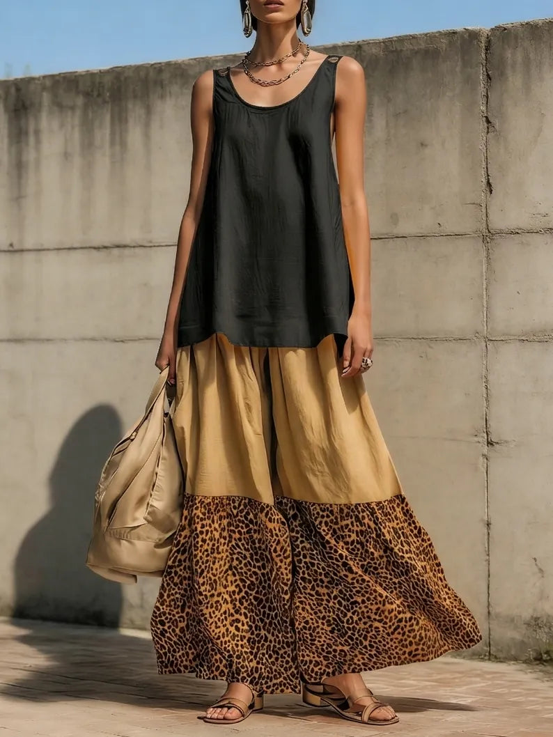 Casual Leopard Print Color-block Loose Cotton Two-piece Set