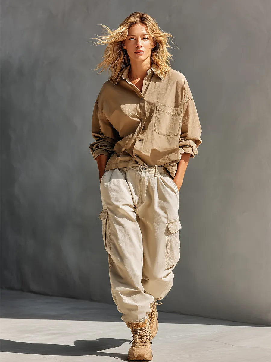 Women's Khaki & Cream Cotton Two-Piece Set With Oversized Chest Pocket Shirt & Multi-Pocket Cargo Jogger Pants, Streetwear Neutral Casual Matching Outfit MDZ0750G3LYL