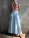 Women's Casual Knit Striped Color-Blocked Collared Top And Light Blue Cotton Blend Long Skirt Set MDZ3088F9GMJ