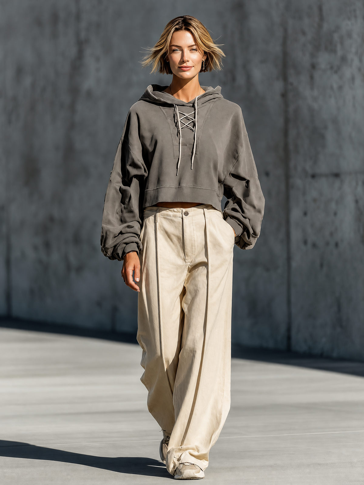 Women's Vintage Gray Crisscross Lace Up Cropped Hoodie Oversized Long Sleeve Top Cream Front Seam Wide Leg Trouser Matching Set MDZ2738G7YZJ