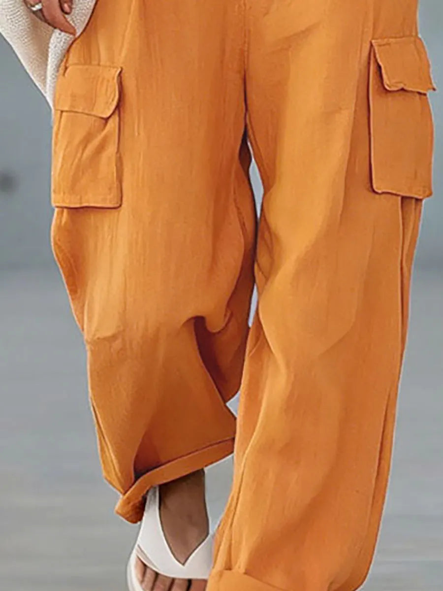 Orange Cotton-linen Multi-pocket Wide-leg Overalls