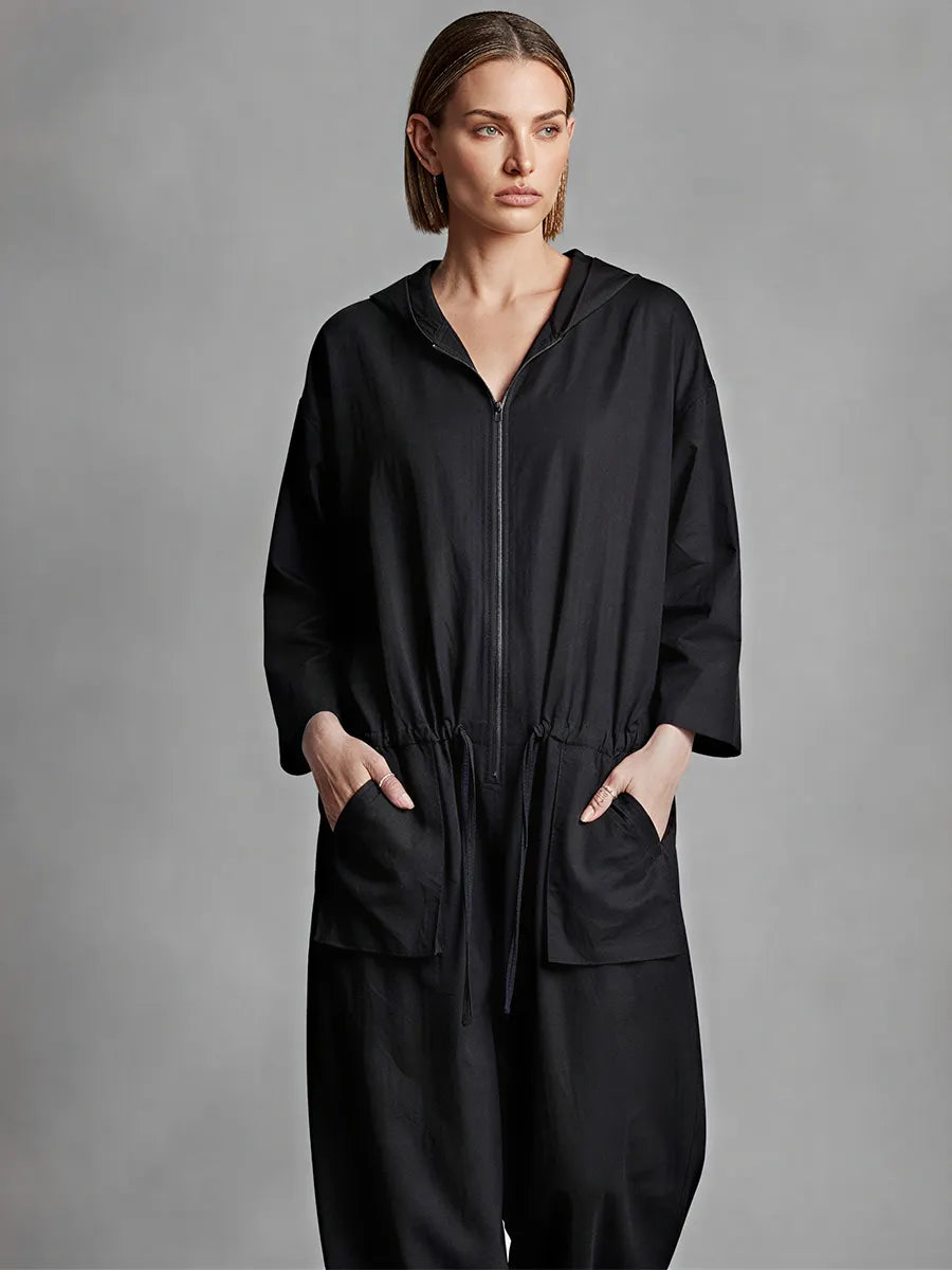 Women's Black Linen Blend Jumpsuit With Hood Full Zip Front & Drawstring Waist, Minimalist Loungewear Oversized Wide Leg Jumpsuit MDZ0710G3LYL