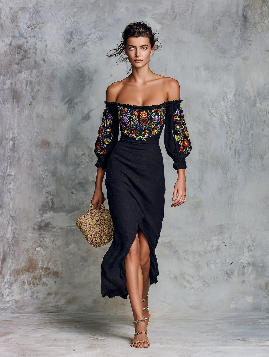 Women's Minimalist Strapless Embroidered Midi Dress With Three-Quarter Sleeves And Side-Slit Hem MDZ0847G6WY