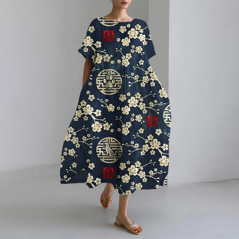Japanese Sakura & Pet Dog Women's Linen Maxi Dress
