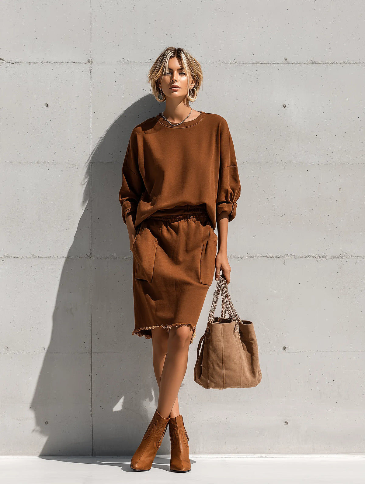 Women's Coffee Brown Oversized Round Neck Long Sleeve Sweatshirt Frayed Hem Pocket Midi Skirt Two Piece Outfit Set MDZ1415G8YZJ
