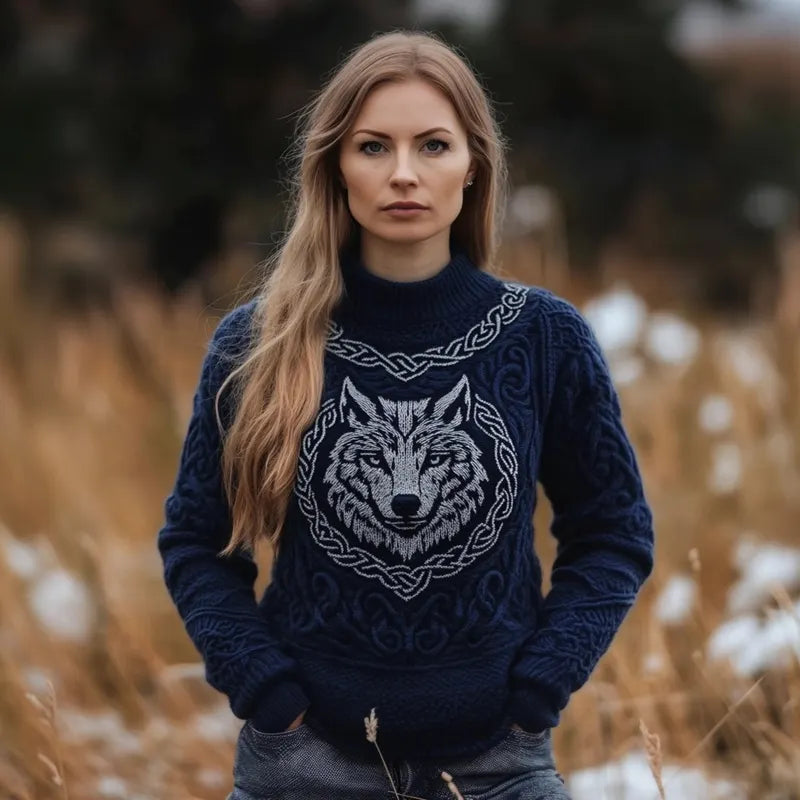 Viking Wolf Inspired Celtic Jacquard Cozy Chunky Sweater