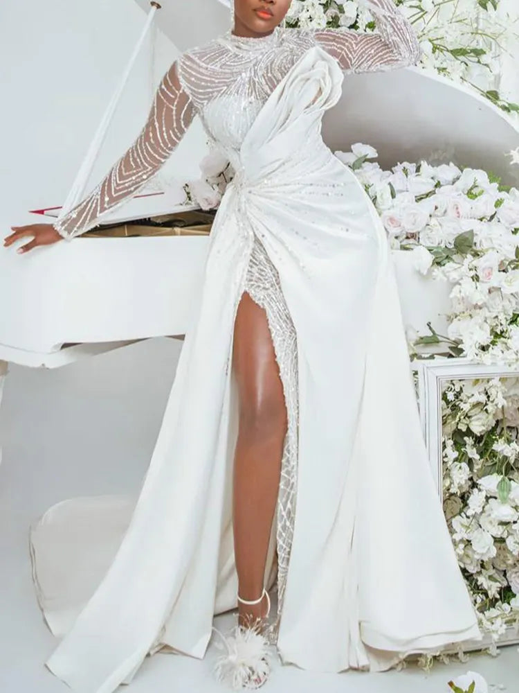 Elegant Round-Neck See-Through A-Line Split-Joint White Wedding Maxi Dress
