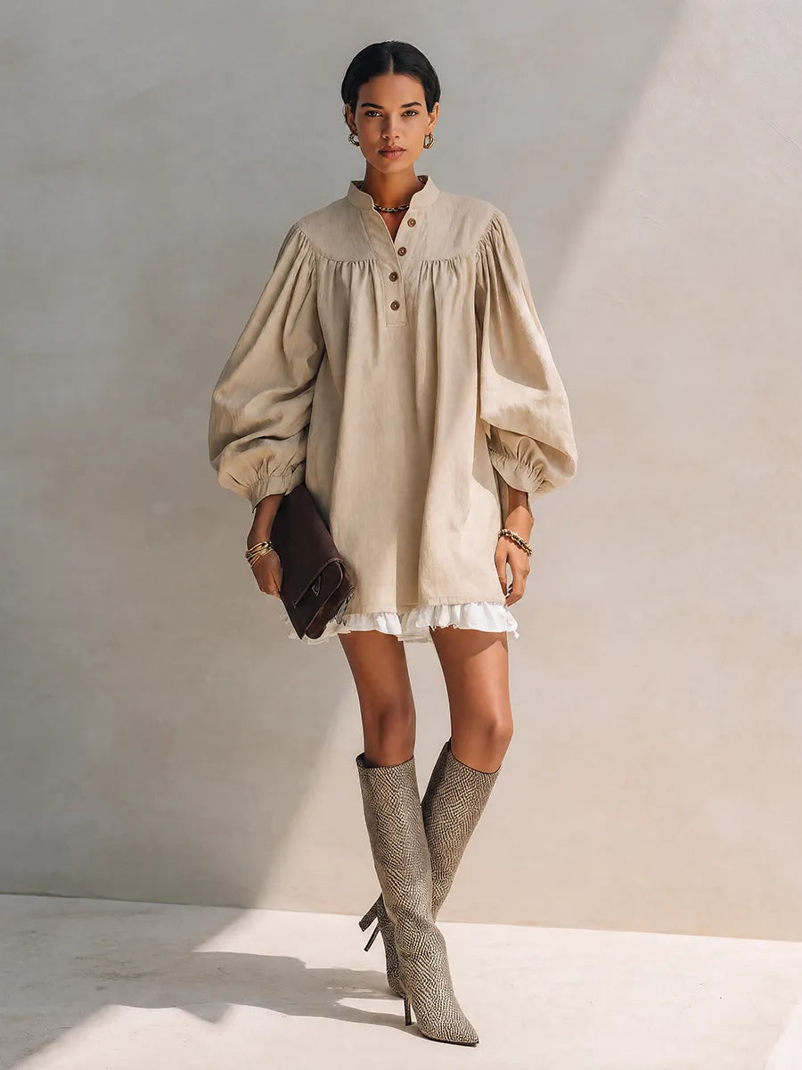 Women's Beige Cotton Blend Stand Collar Balloon Sleeve Mini Shirt Dress MDZ1784G0ZRK