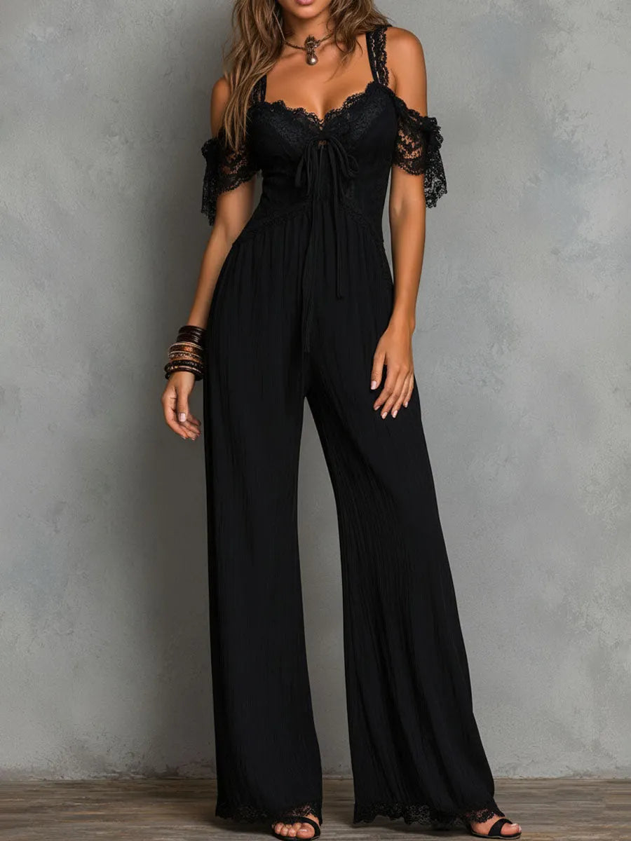 Boho Black Lace Trim Cold-Shoulder Wide-Leg Jumpsuit