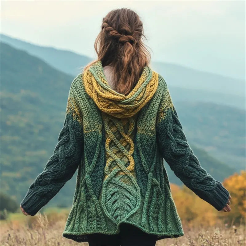Forest Leaf Inspired Celtic Gradient Chunky Hooded Cardigan