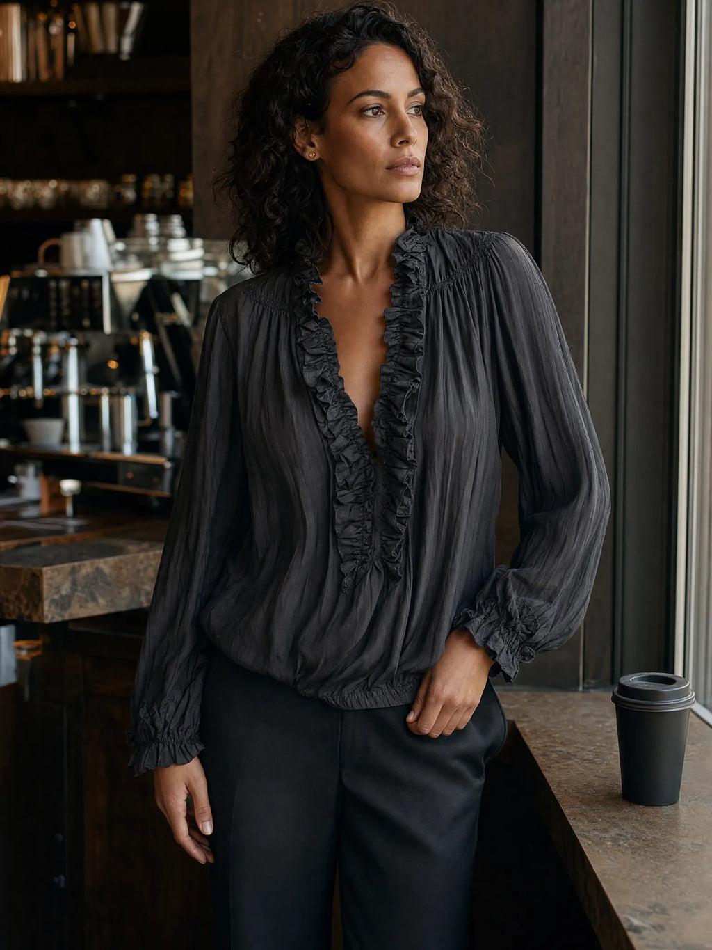 Sheer Ruffle V-Neck Bohemian Blouse