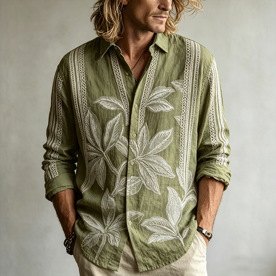 Men's Retro Plant Flower Embroidery Pattern Design Casual Linen Shirt