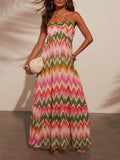 Unique Wave Print Suspender Maxi Dress