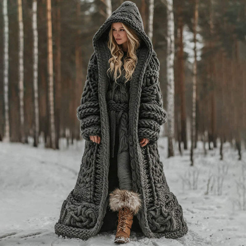 Women's Viking Celtic Knot Jacquard Art Hooded Knit Cardigan