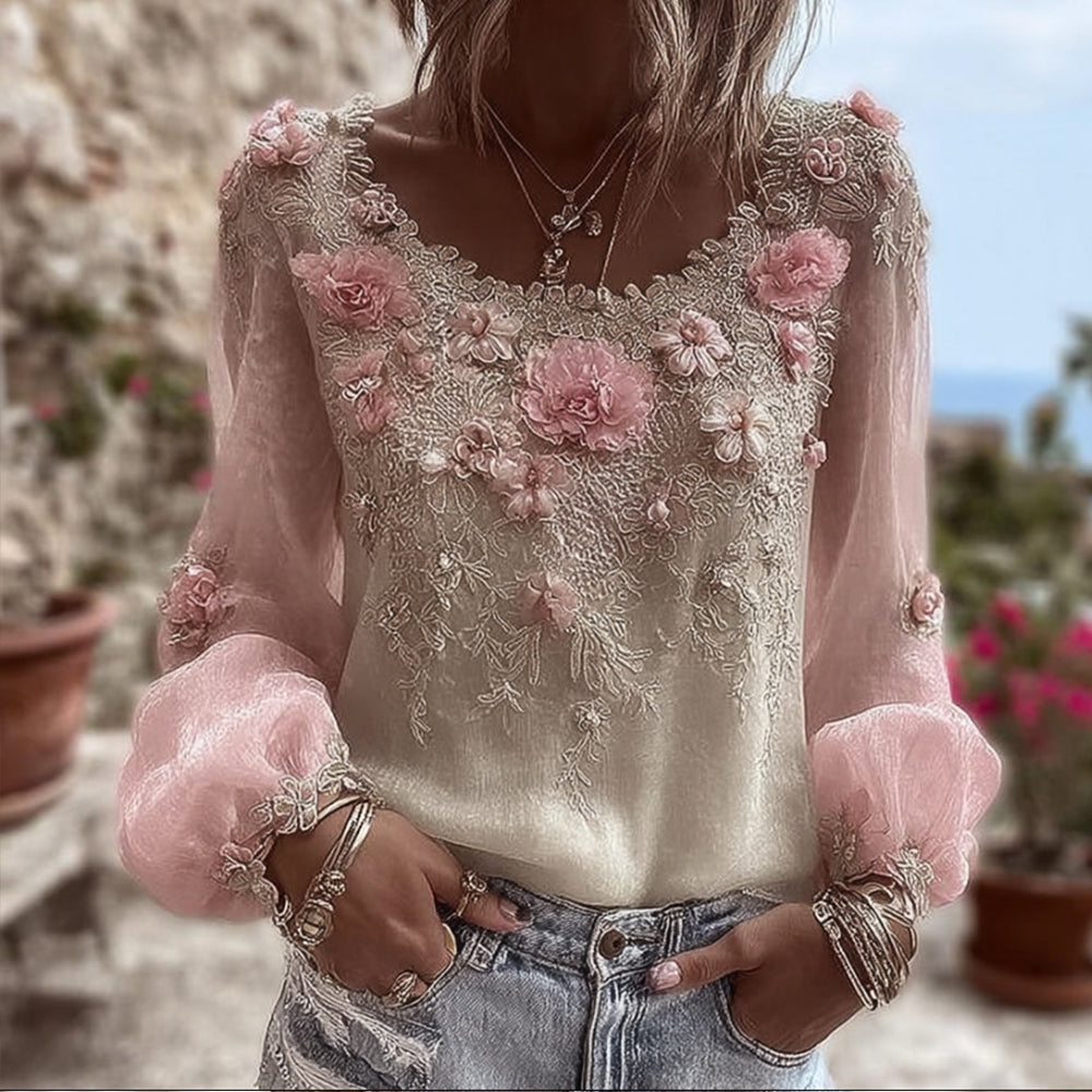 Bohemian Heavy Industry Flower Light Vintage Round Neck Top