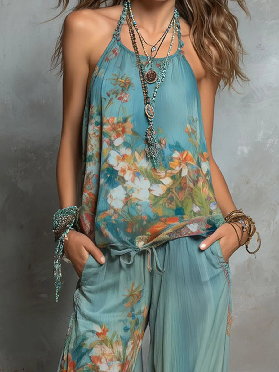 Boho Ocean Bloom Floral Halter Wide-Leg Chiffon Jumpsuit
