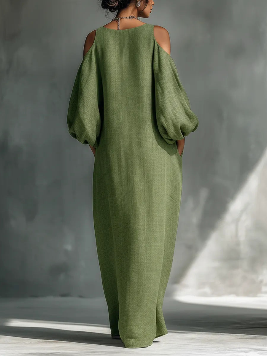 Women's Light Green Cold-Shoulder Maxi Dress With Oversized Puff Sleeves & Side Pockets MDZ1004B7T