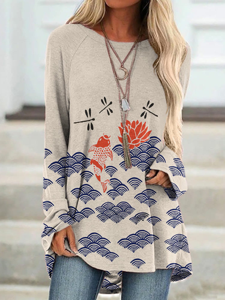 Japanese Koi Dragonfly Wave Art Print Casual Tunic