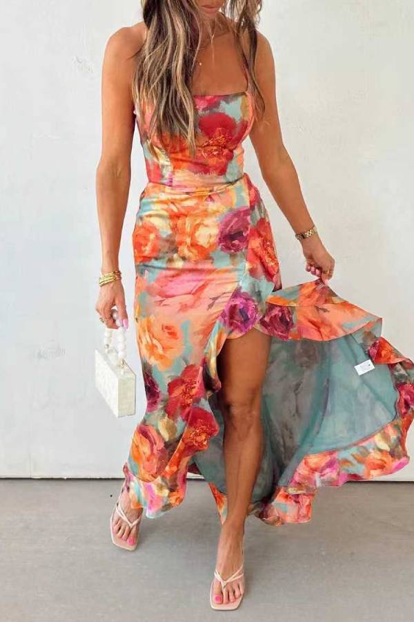 Oil Painting Floral Tie Backless Slit Satin Maxi Dress