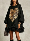 Black Leopard Heart Lace Trim Mini Dress