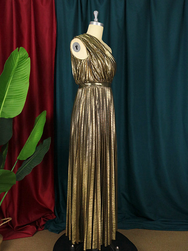 Asymmetric Pleated Shiny Solid Color High Waisted Loose One-shoulder Maxi Dresses