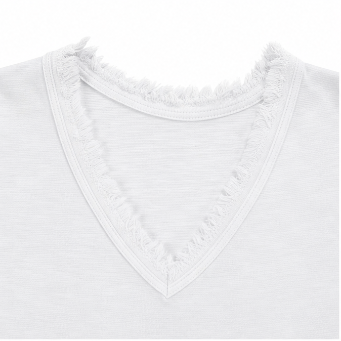 Solendra – Loose V-Neck Fringe Top for Women, Frayed Edge Summer Blouse