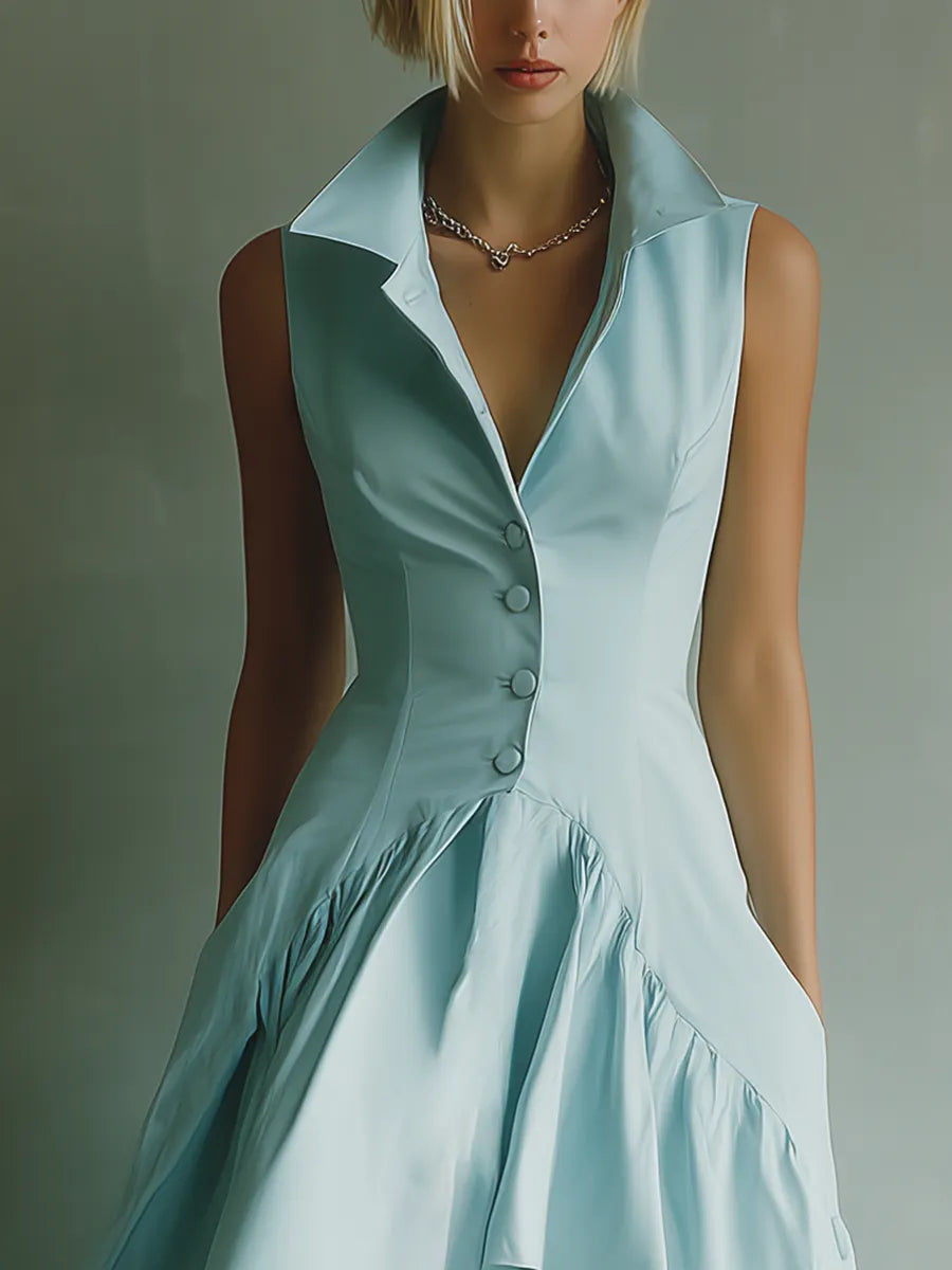 Women's Sky Blue Cotton Blend Sleeveless Dress With Collared Neckline & Flared Skirt MDZ2786B1T