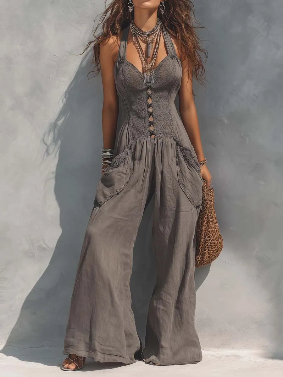 Halter-Neck Lace-Paneled Cotton-Linen Jumpsuit