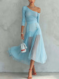Sky Blue One-Shoulder Top And Mesh Patchwork Midi Skirt Set