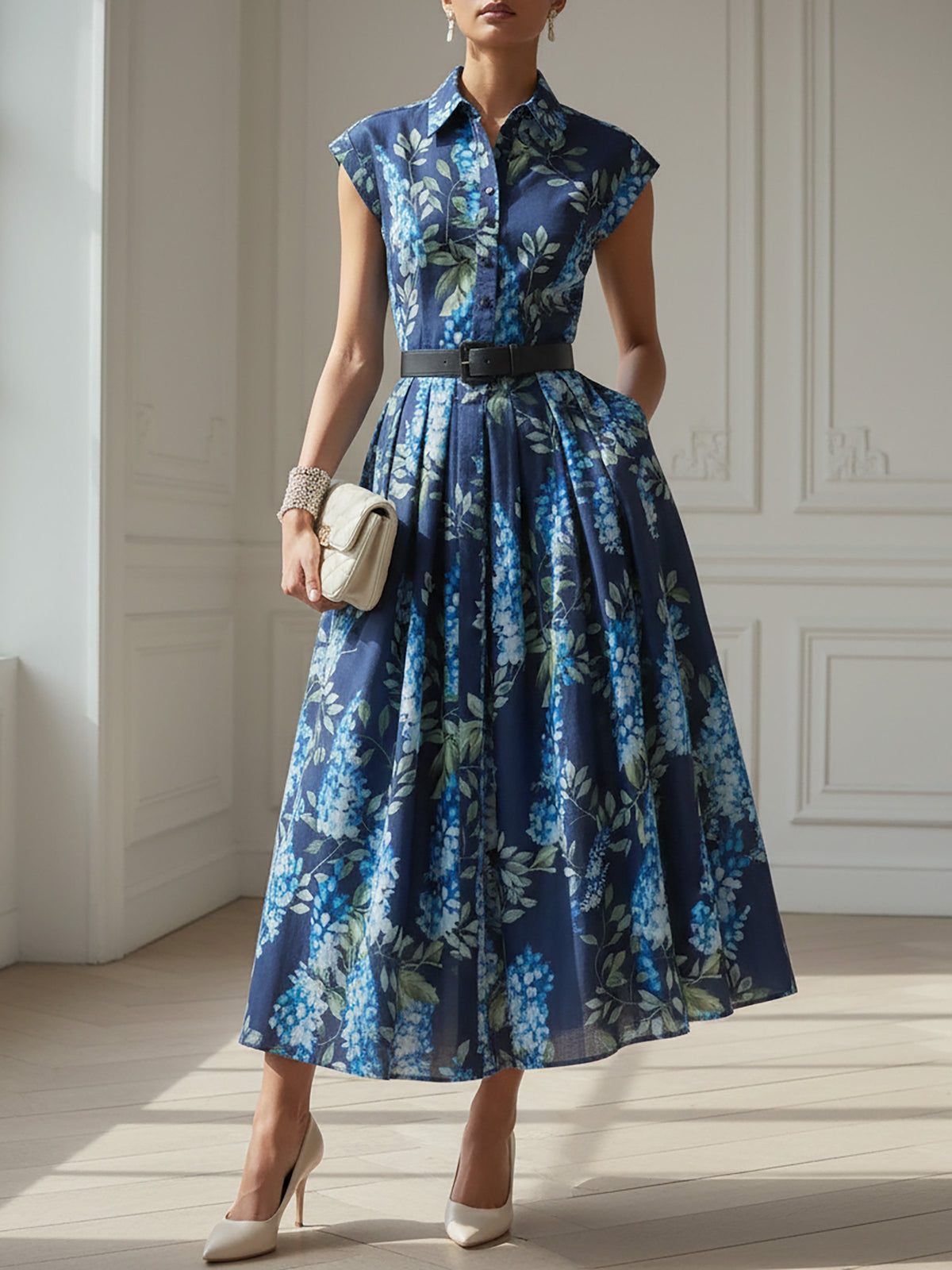 Maxi Linen Dress, Cap Sleeves, Shawl Collar, Floral, Button Design, Vacation, Vintage, Blue