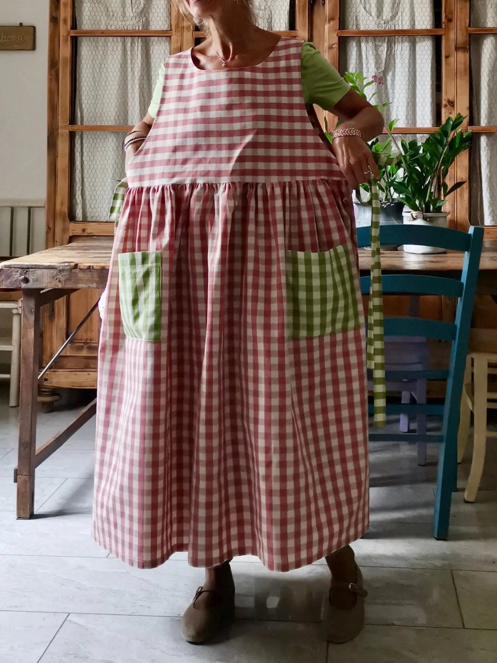 Antique Pink and Light Green Checked Apron