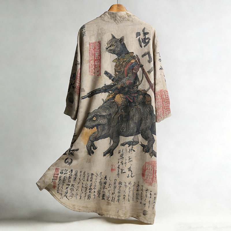 Men's Retro Calligraphy Cat Dinosaur Art Linen Long Kimono