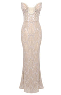 Strapless Pearl Sequin Bustier Maxi Dress Nude