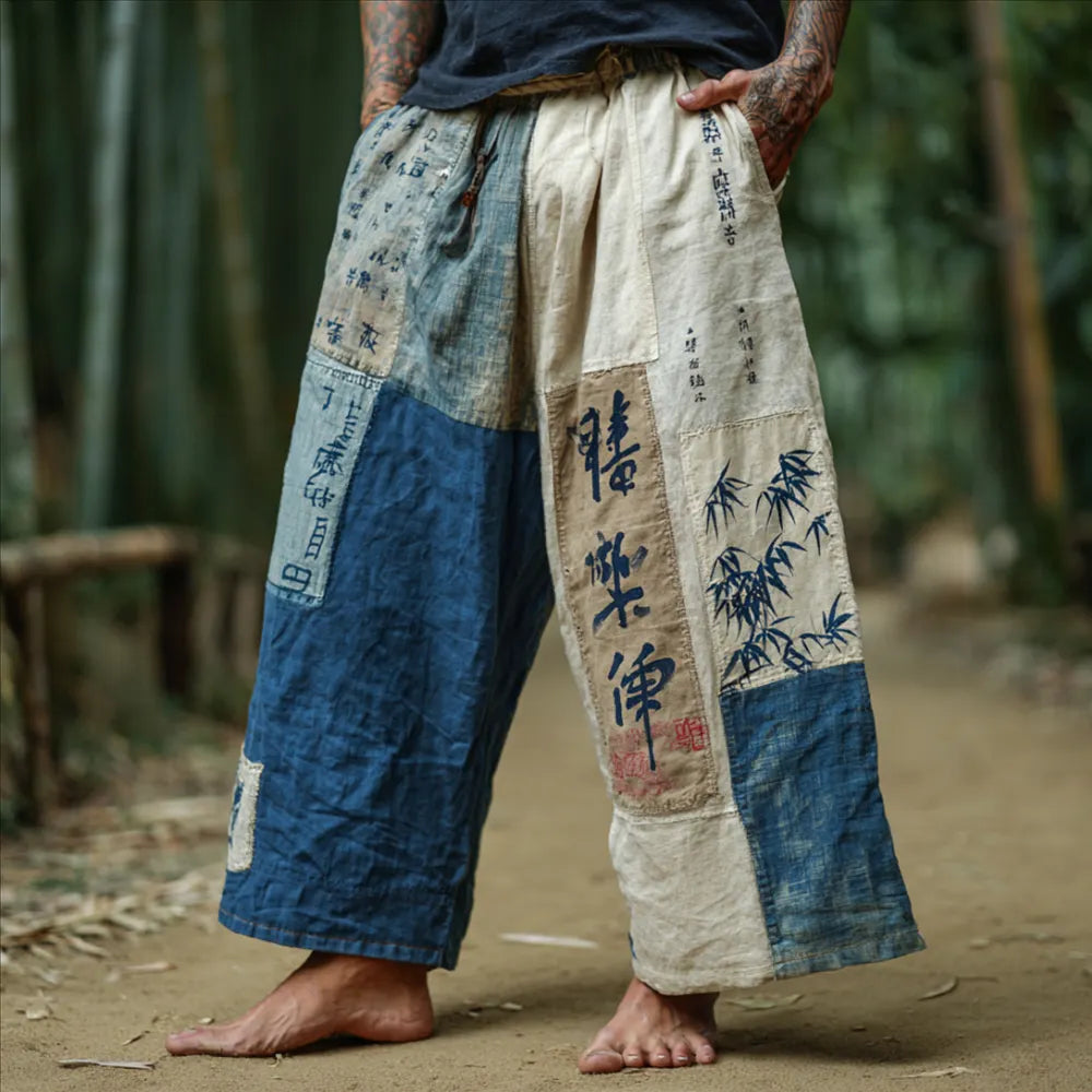 Japanese Art Bamboo Forest Spliced Casual Cotton Linen Pants