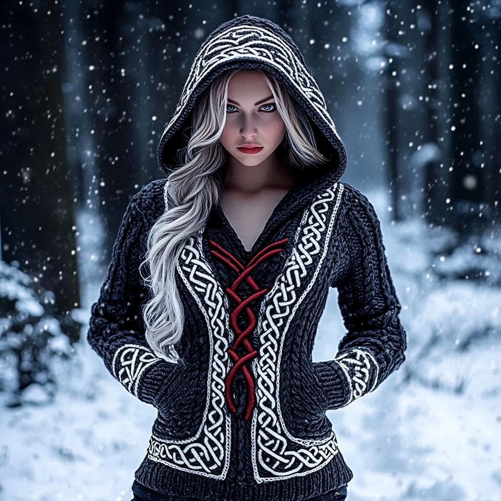 Women's Viking Celtic Knot Jacquard Knit Hooded Sweater